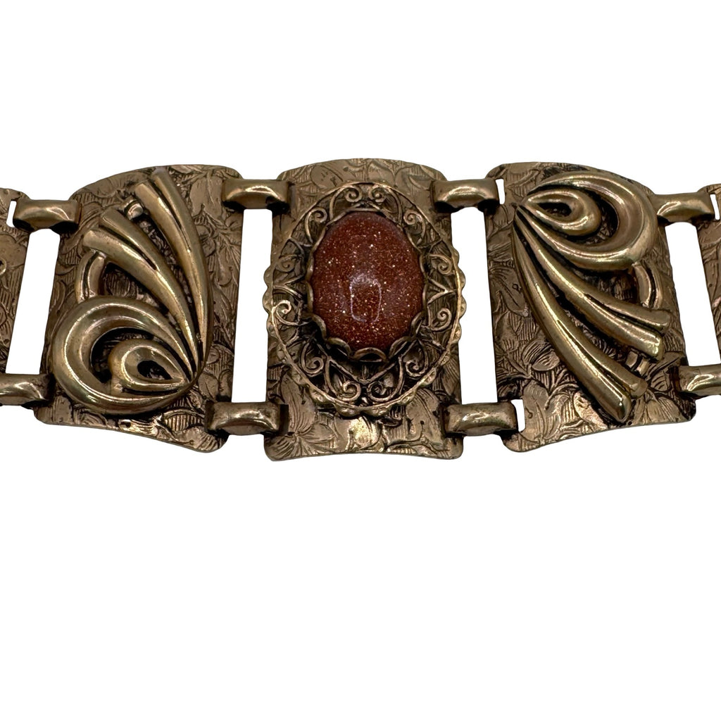 Vintage Gold Tone Etched Panel Bracelet GoldStone Floral & Scroll 7" Art Deco