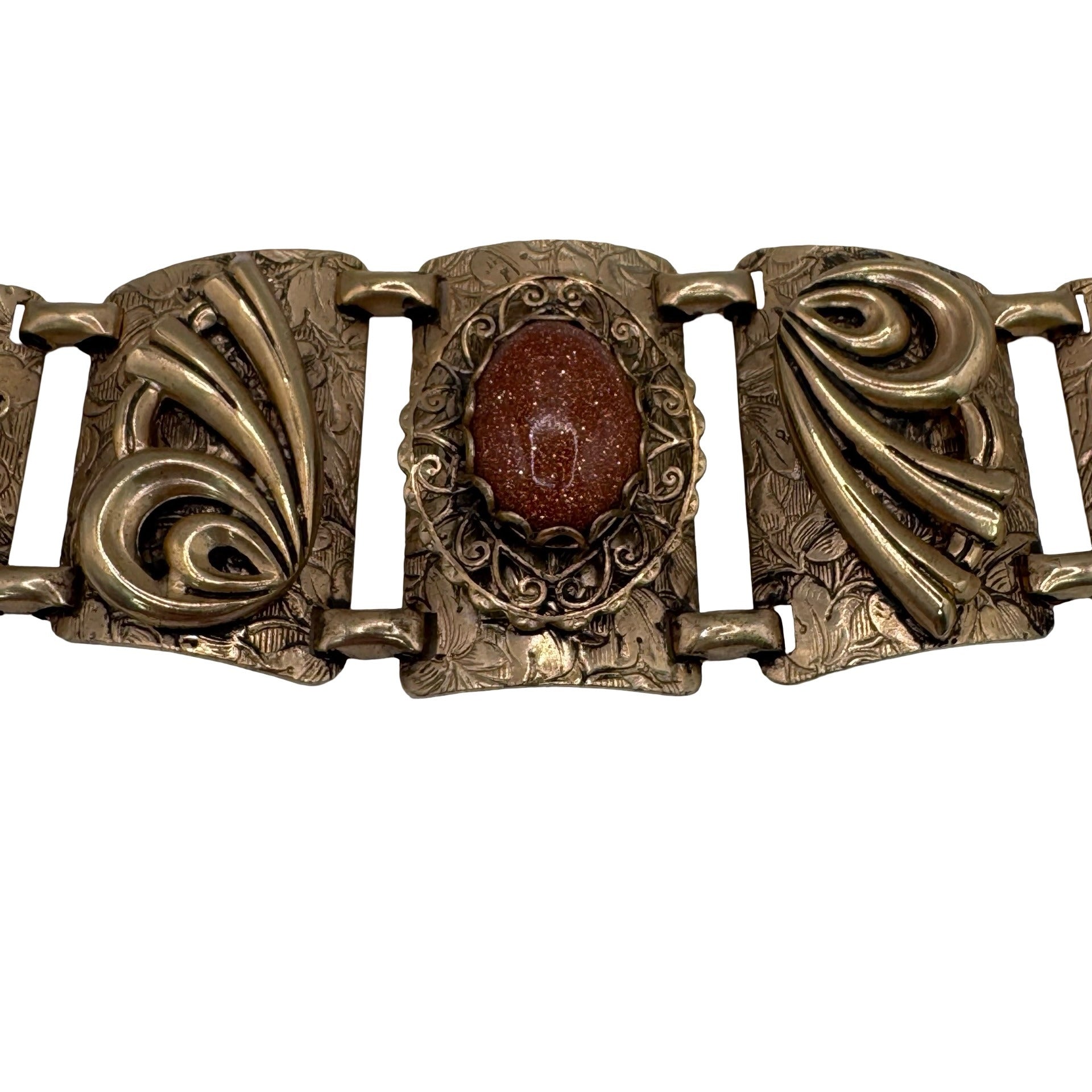 Vintage Gold Tone Etched Panel Bracelet GoldStone Floral & Scroll 7" Art Deco