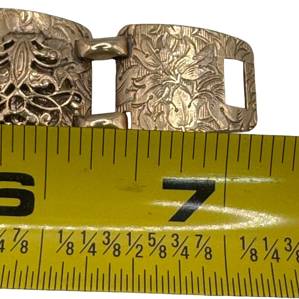 Vintage Gold Tone Etched Panel Bracelet GoldStone Floral & Scroll 7" Art Deco