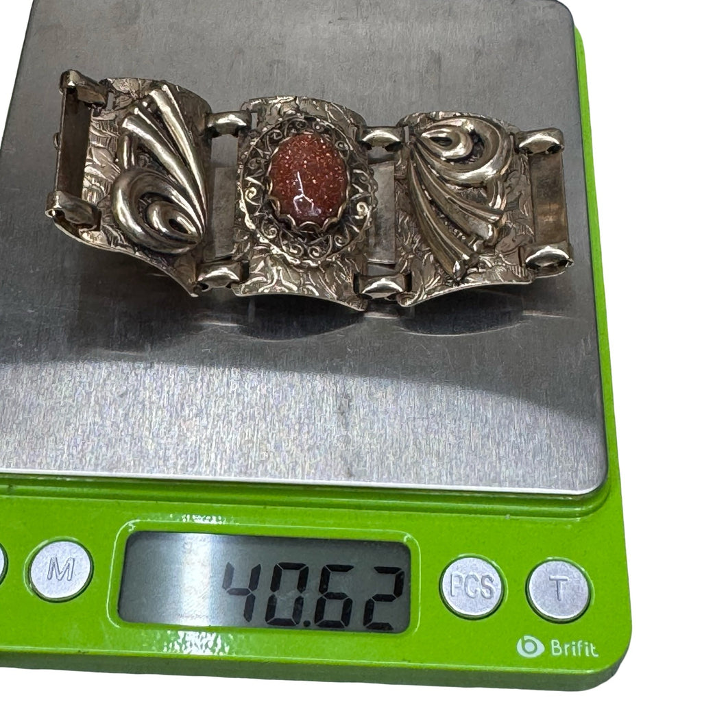 Vintage Gold Tone Etched Panel Bracelet GoldStone Floral & Scroll 7" Art Deco