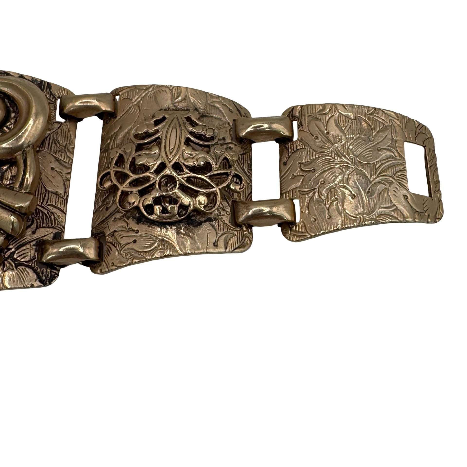 Vintage Gold Tone Etched Panel Bracelet GoldStone Floral & Scroll 7" Art Deco