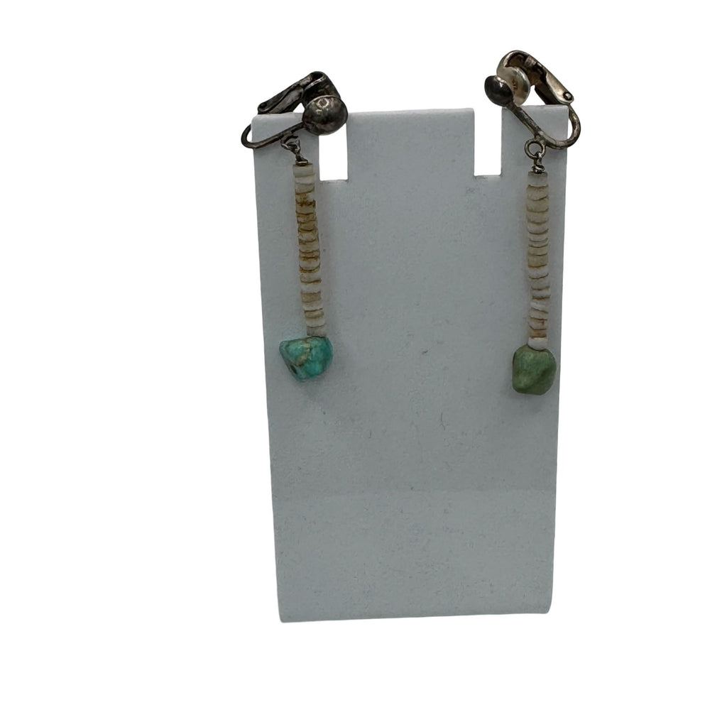 Vintage Native American Heishi Beaded Dangle Clip-On Earrings Turquoise Accents