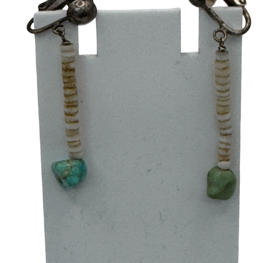 Vintage Native American Heishi Beaded Dangle Clip-On Earrings Turquoise Accents