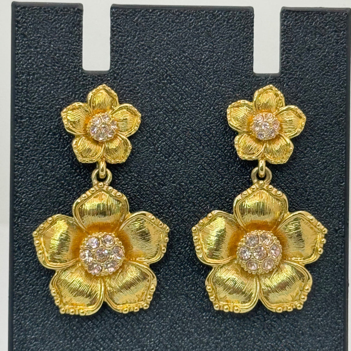 Kate Spade Flower Rhinestone Gold-Tone Crystal Drop Earrings Pierced Post Signed