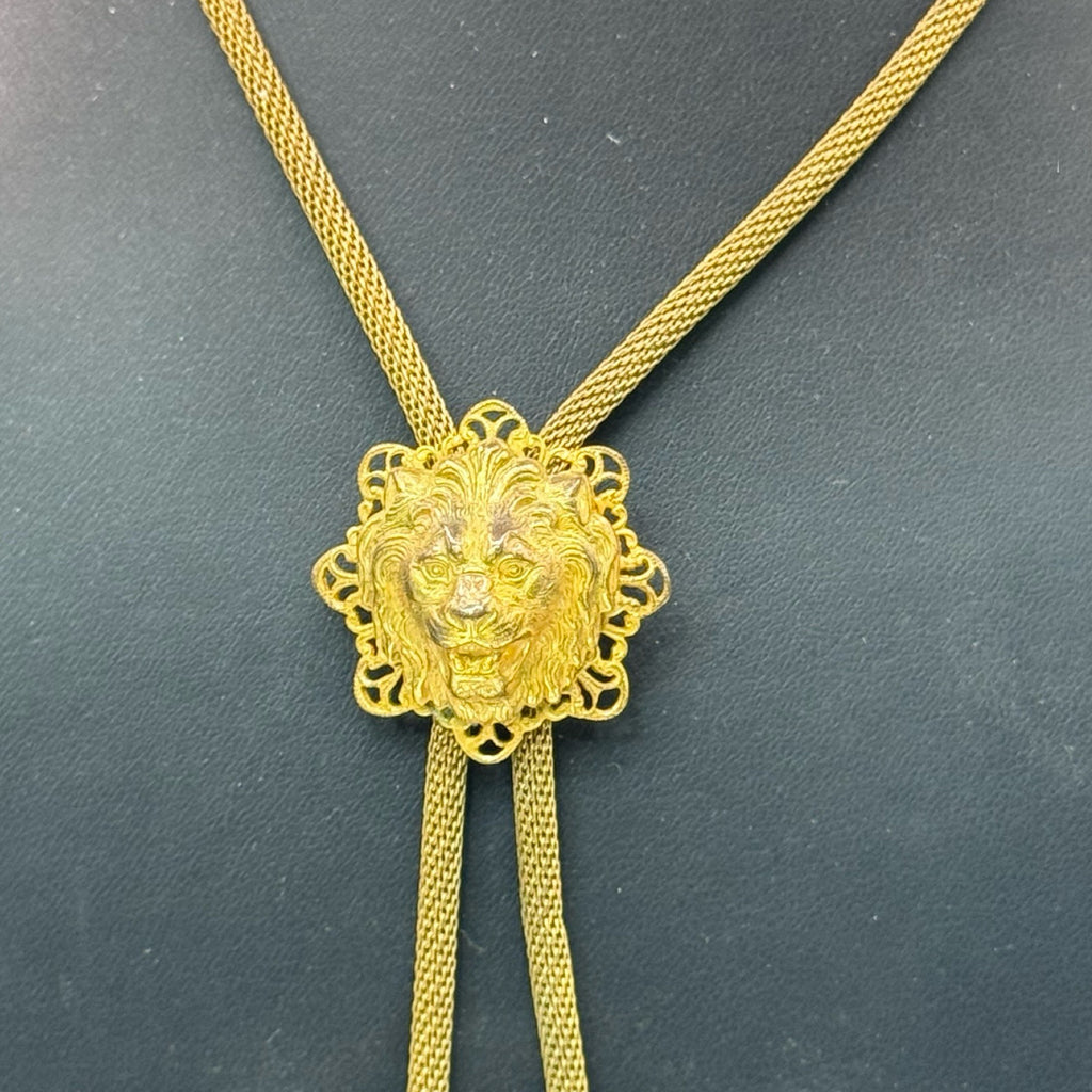 Vintage Miriam Haskell Gold Tone Lion Head Bolo Necklace Tie Chain Mesh 16" RARE
