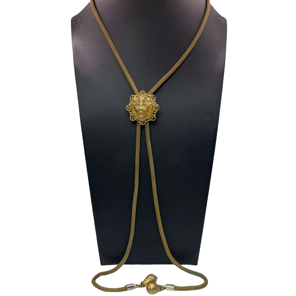 Vintage Miriam Haskell Gold Tone Lion Head Bolo Necklace Tie Chain Mesh 16" RARE