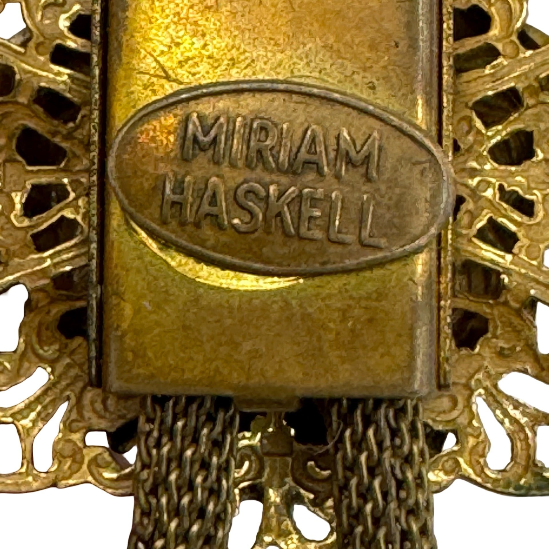 Vintage Miriam Haskell Gold Tone Lion Head Bolo Necklace Tie Chain Mesh 16" RARE