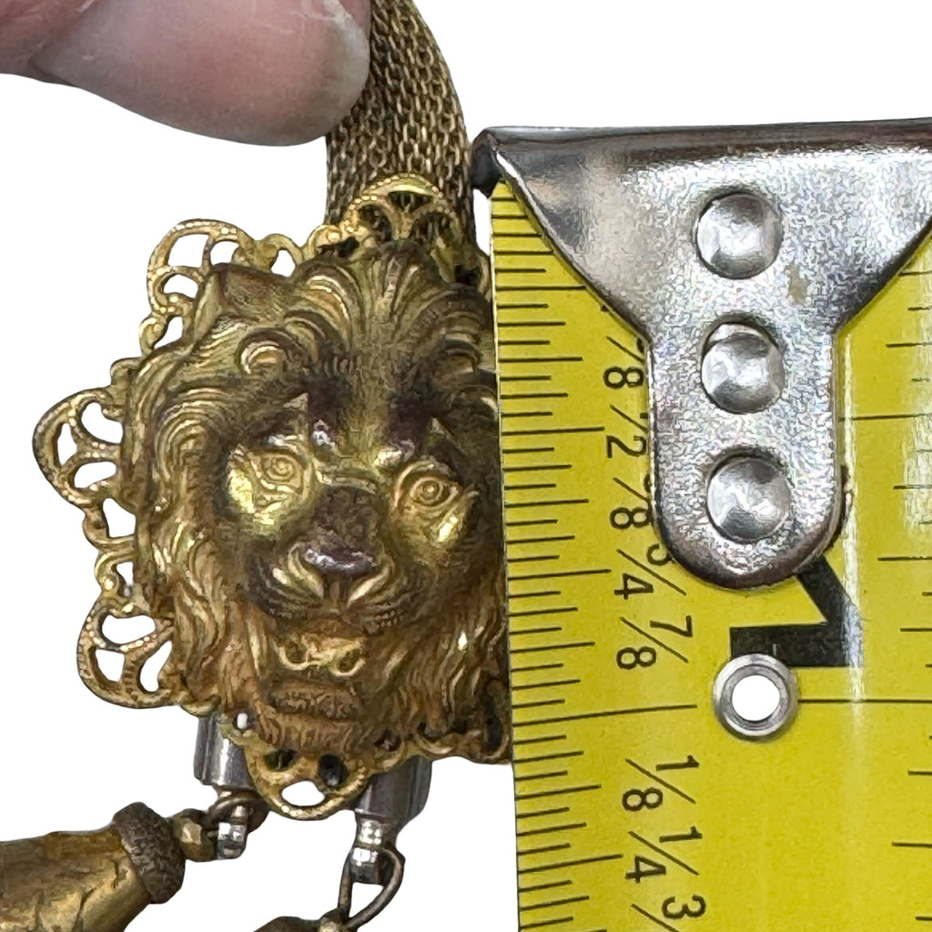 Vintage Miriam Haskell Gold Tone Lion Head Bolo Necklace Tie Chain Mesh 16" RARE