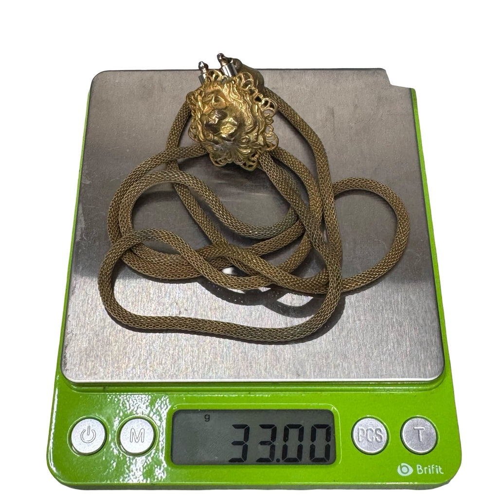 Vintage Miriam Haskell Gold Tone Lion Head Bolo Necklace Tie Chain Mesh 16" RARE