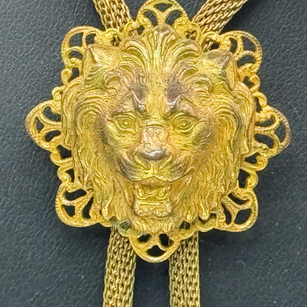 Vintage Miriam Haskell Gold Tone Lion Head Bolo Necklace Tie Chain Mesh 16" RARE