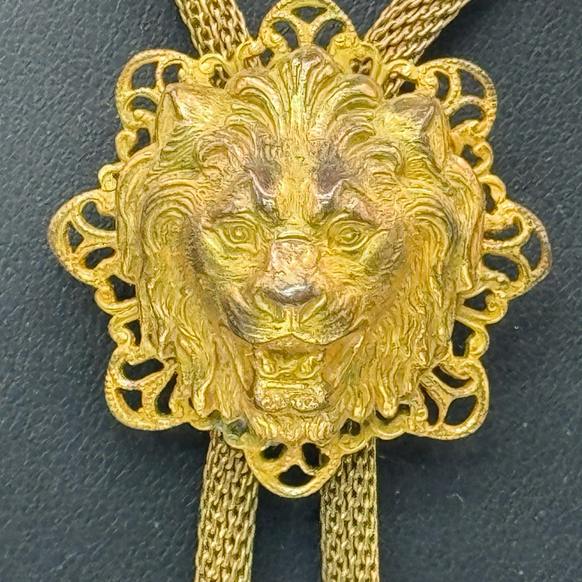 Vintage Miriam Haskell Gold Tone Lion Head Bolo Necklace Tie Chain Mesh 16" RARE