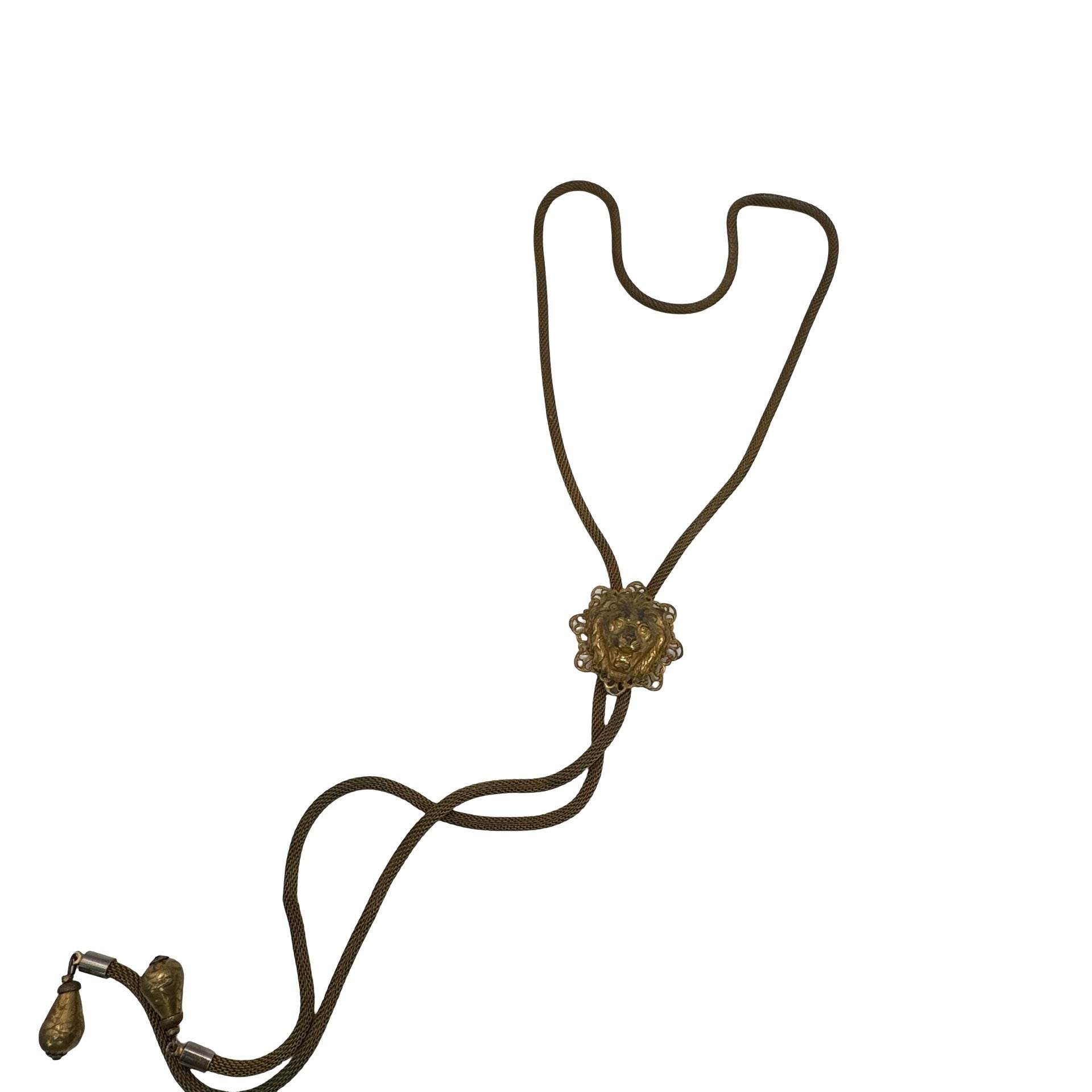 Vintage Miriam Haskell Gold Tone Lion Head Bolo Necklace Tie Chain Mesh 16" RARE