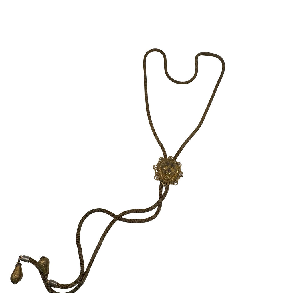 Vintage Miriam Haskell Gold Tone Lion Head Bolo Necklace Tie Chain Mesh 16" RARE