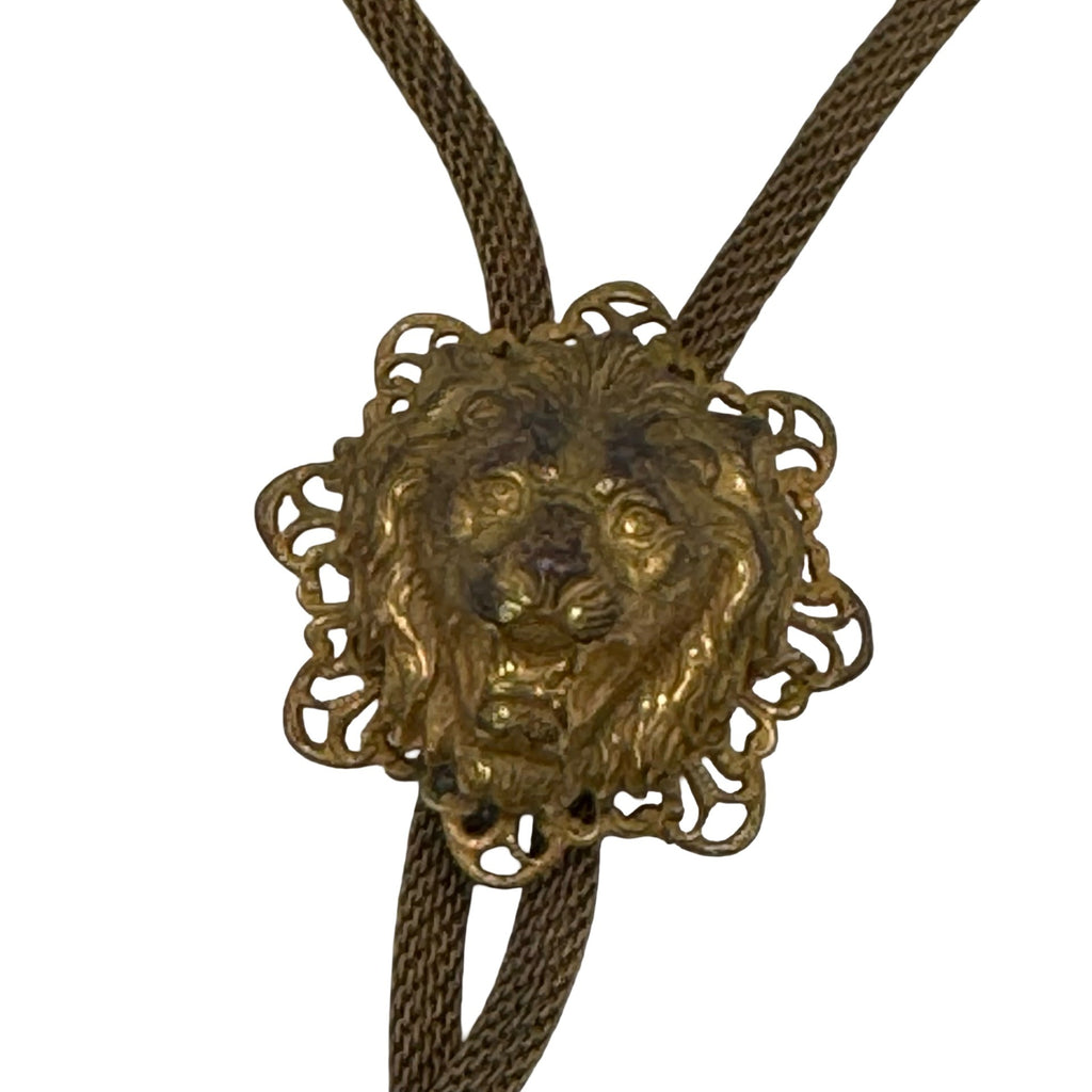 Vintage Miriam Haskell Gold Tone Lion Head Bolo Necklace Tie Chain Mesh 16" RARE