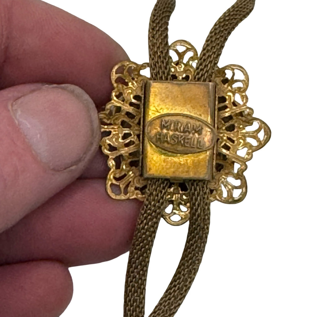 Vintage Miriam Haskell Gold Tone Lion Head Bolo Necklace Tie Chain Mesh 16" RARE