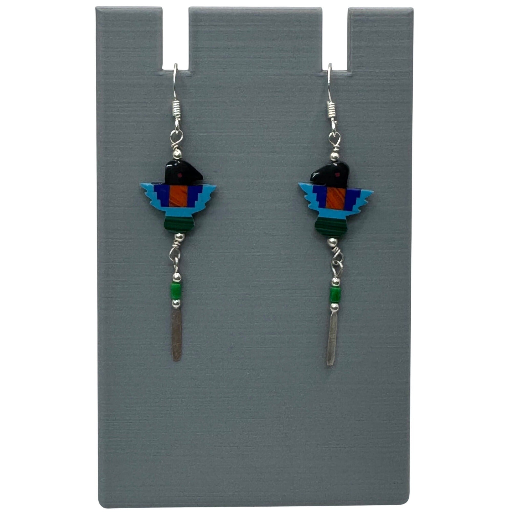 Vintage Thunderbird Dangle Earrings Sterling Silver Inlay Mosaic Turquoise Coral