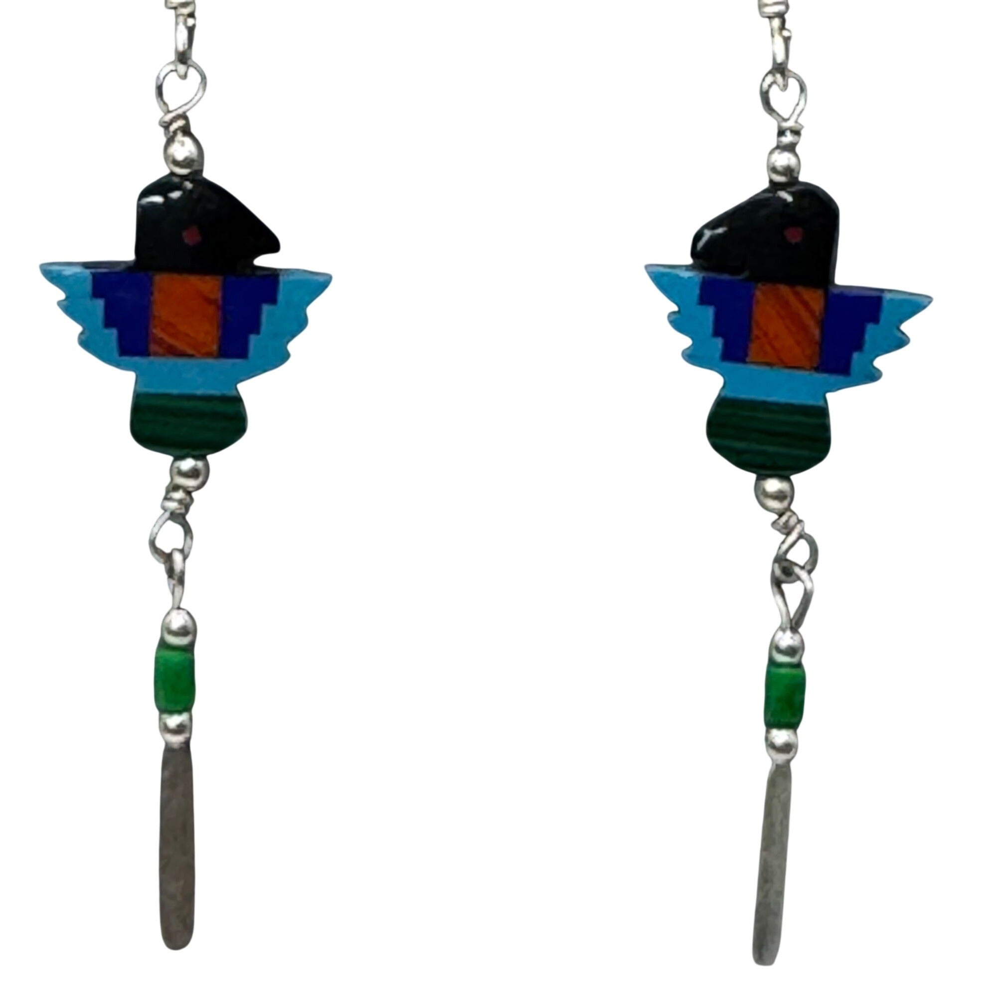 Vintage Thunderbird Dangle Earrings Sterling Silver Inlay Mosaic Turquoise Coral