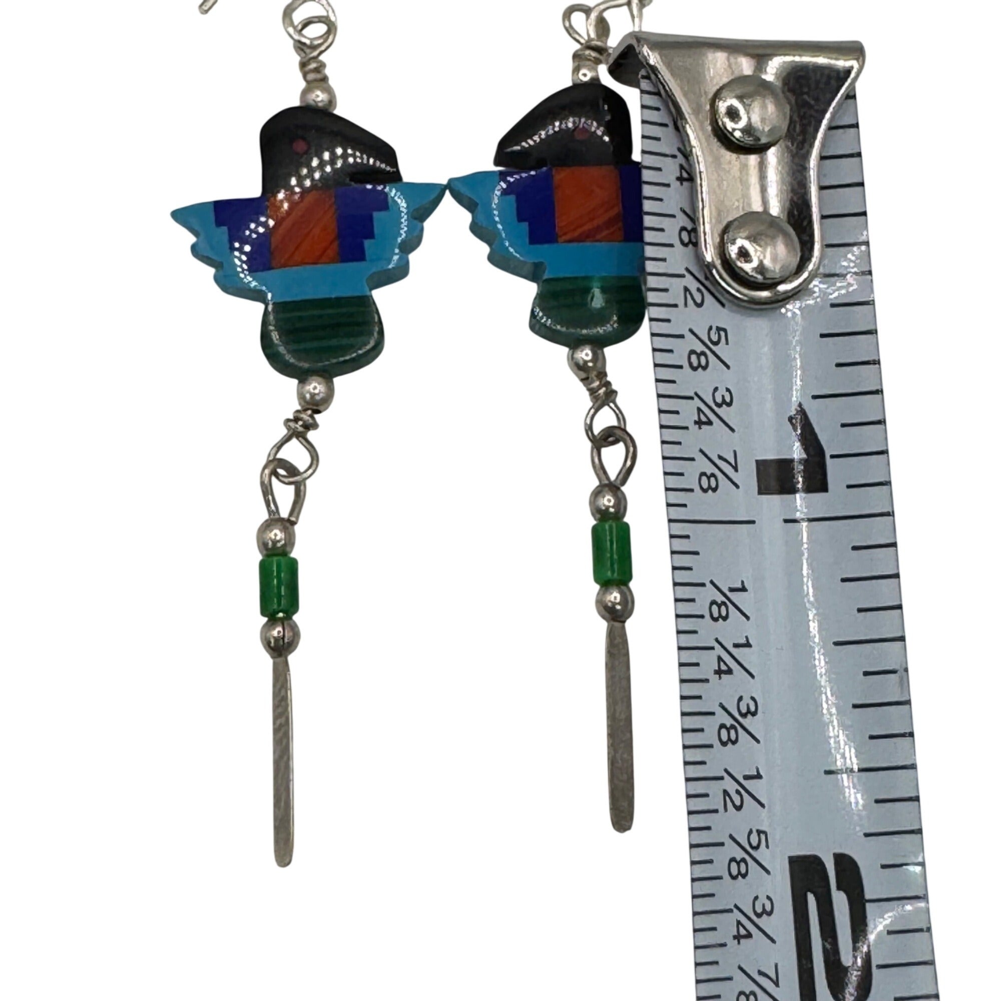 Vintage Thunderbird Dangle Earrings Sterling Silver Inlay Mosaic Turquoise Coral