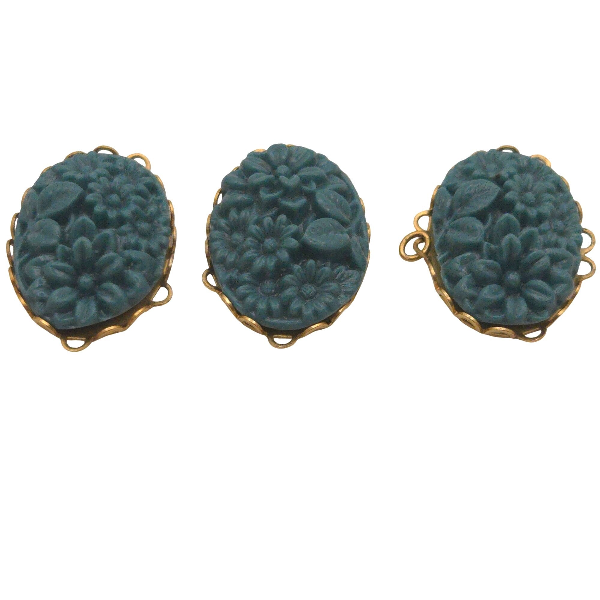 Vintage Oval Floral Cameo Connectors Celluloid Teal Blue Floral Set Of 3 Jewelry