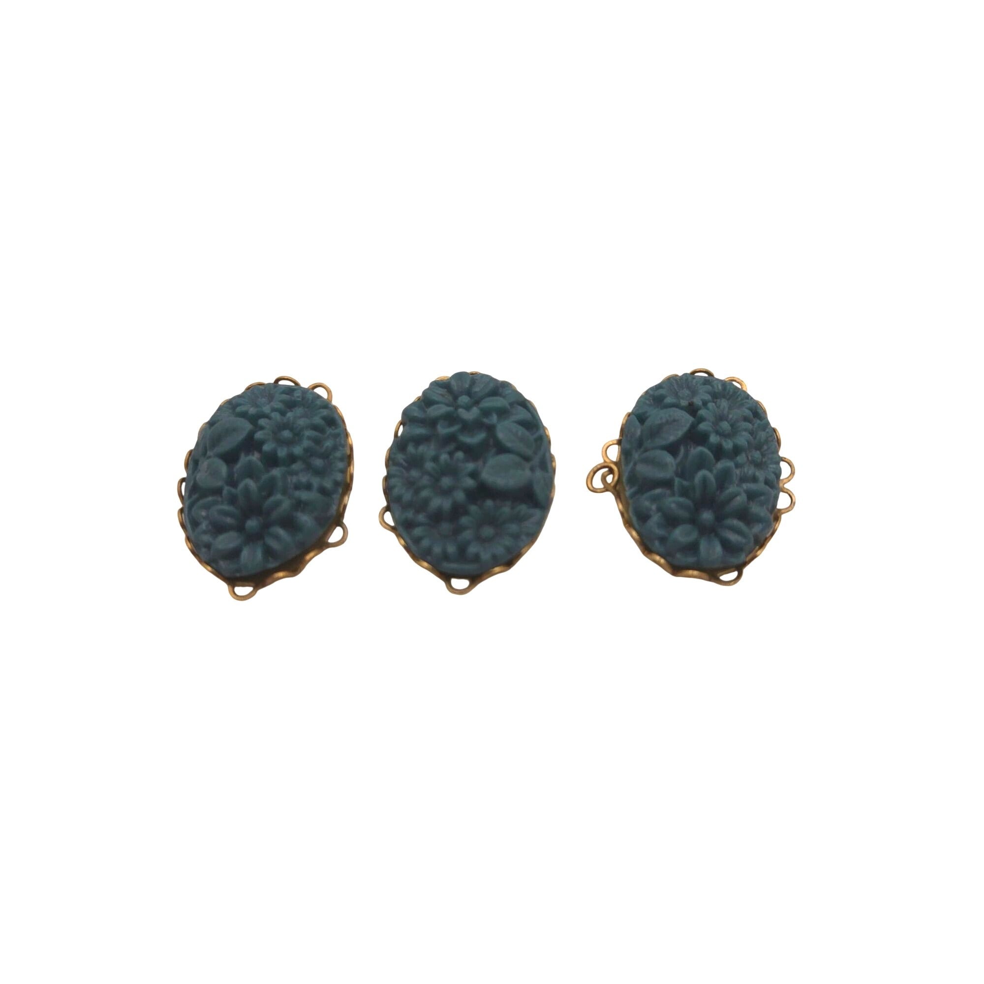 Vintage Oval Floral Cameo Connectors Celluloid Teal Blue Floral Set Of 3 Jewelry