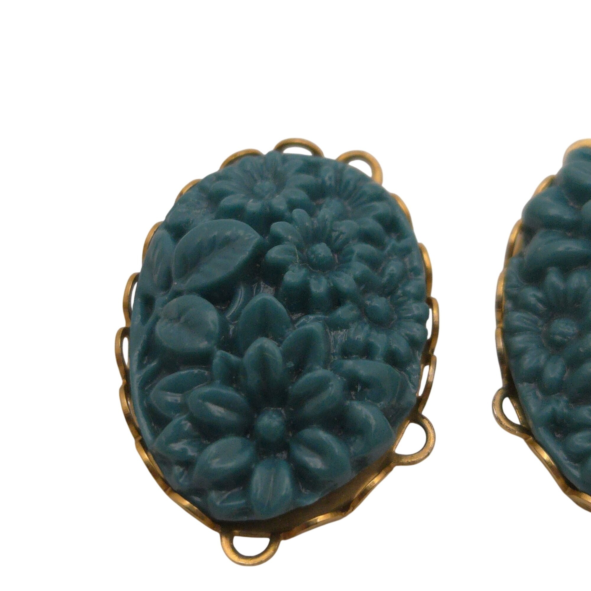 Vintage Oval Floral Cameo Connectors Celluloid Teal Blue Floral Set Of 3 Jewelry