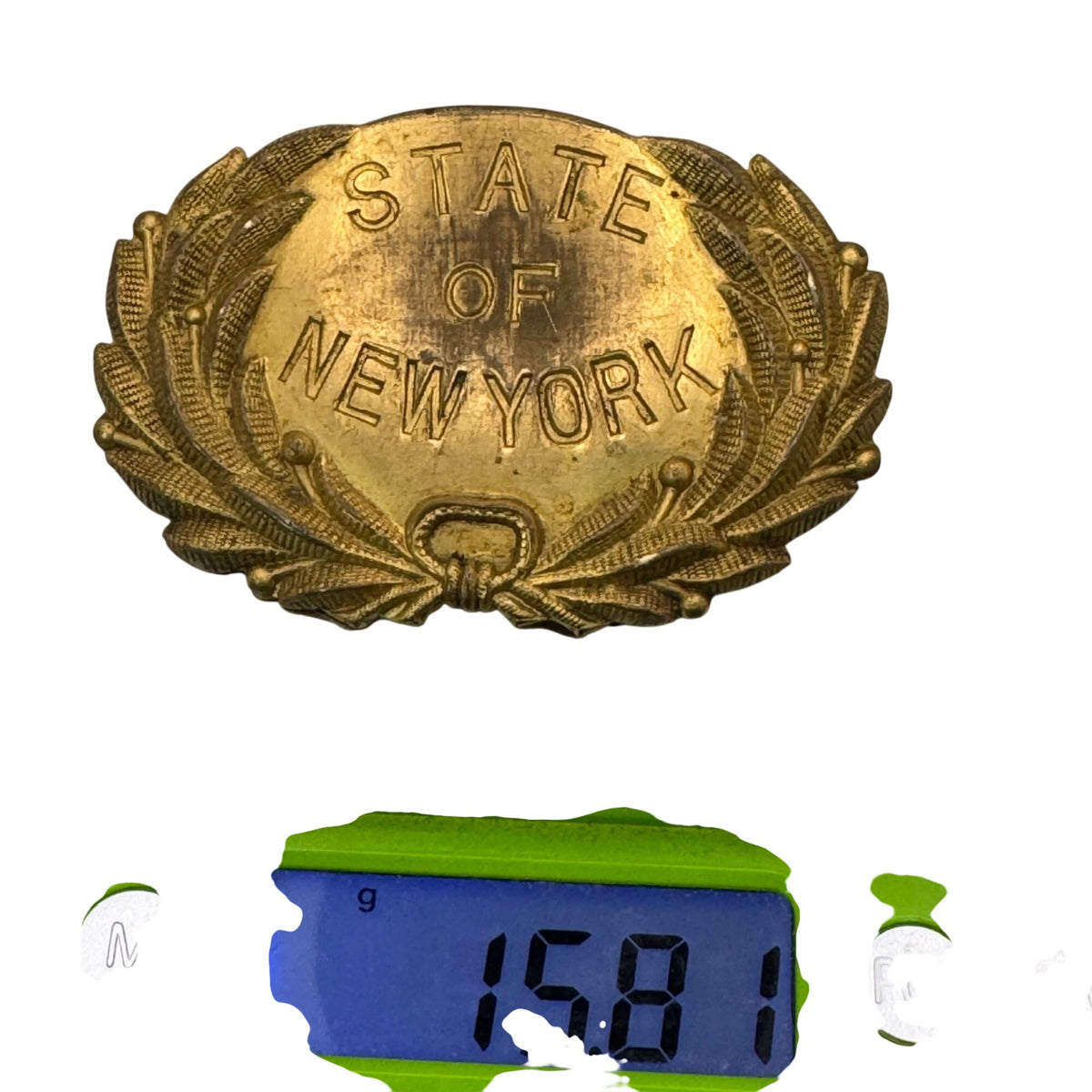 Antique Brass State Of New York Badge Insignia By Braxmar NY 15.81g Oval Laurel