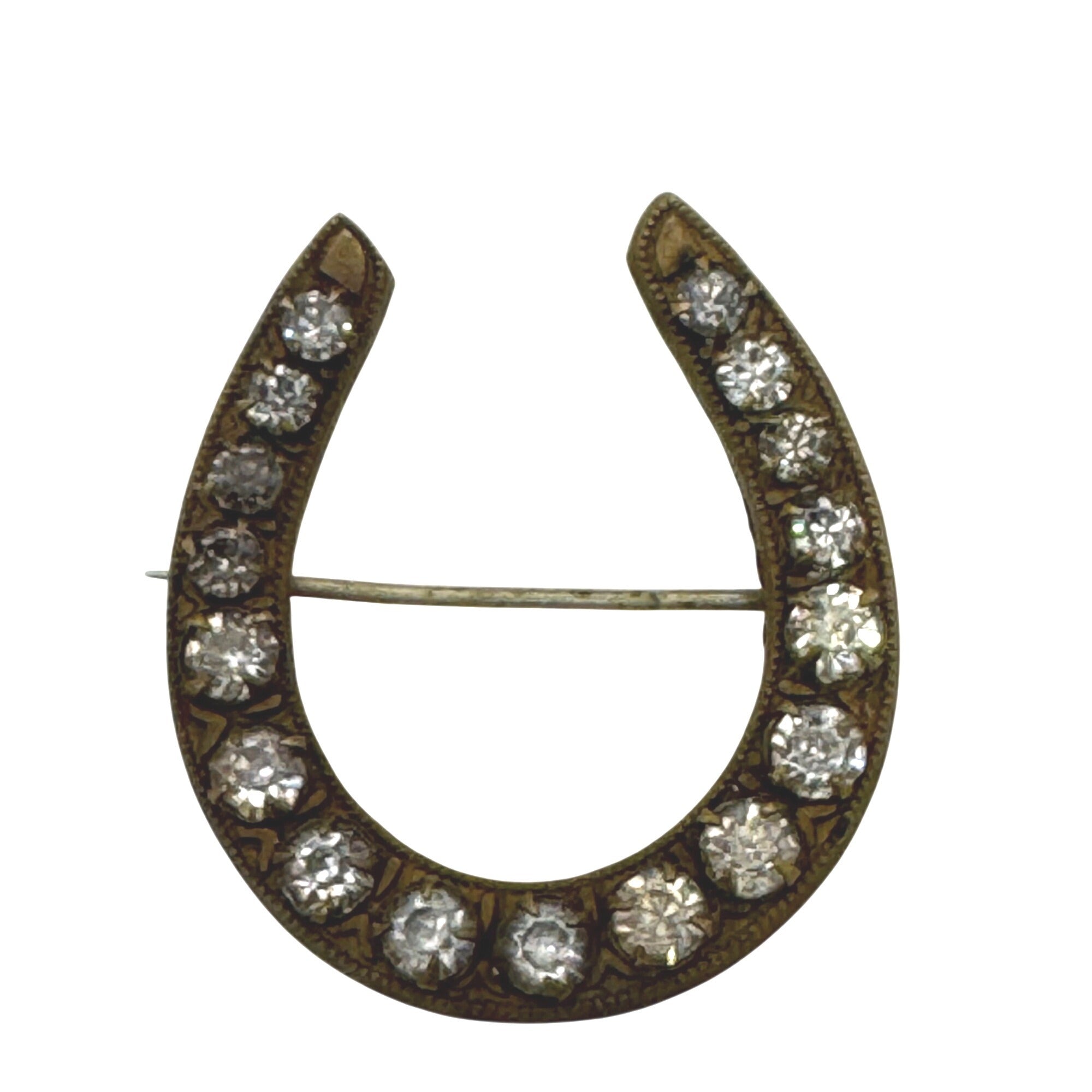 Antique Victorian Horseshoe Rhinestone Brooch Pin Brass Clear Rhinestones 1.5"