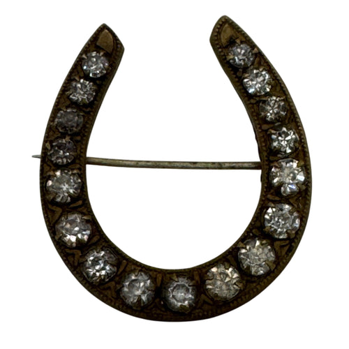 Antique Victorian Horseshoe Rhinestone Brooch Pin Brass Clear Rhinestones 1.5"