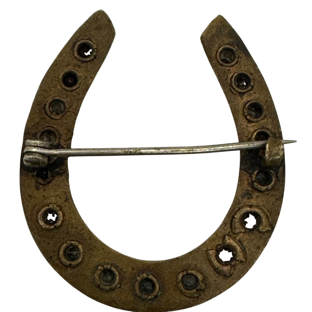 Antique Victorian Horseshoe Rhinestone Brooch Pin Brass Clear Rhinestones 1.5"