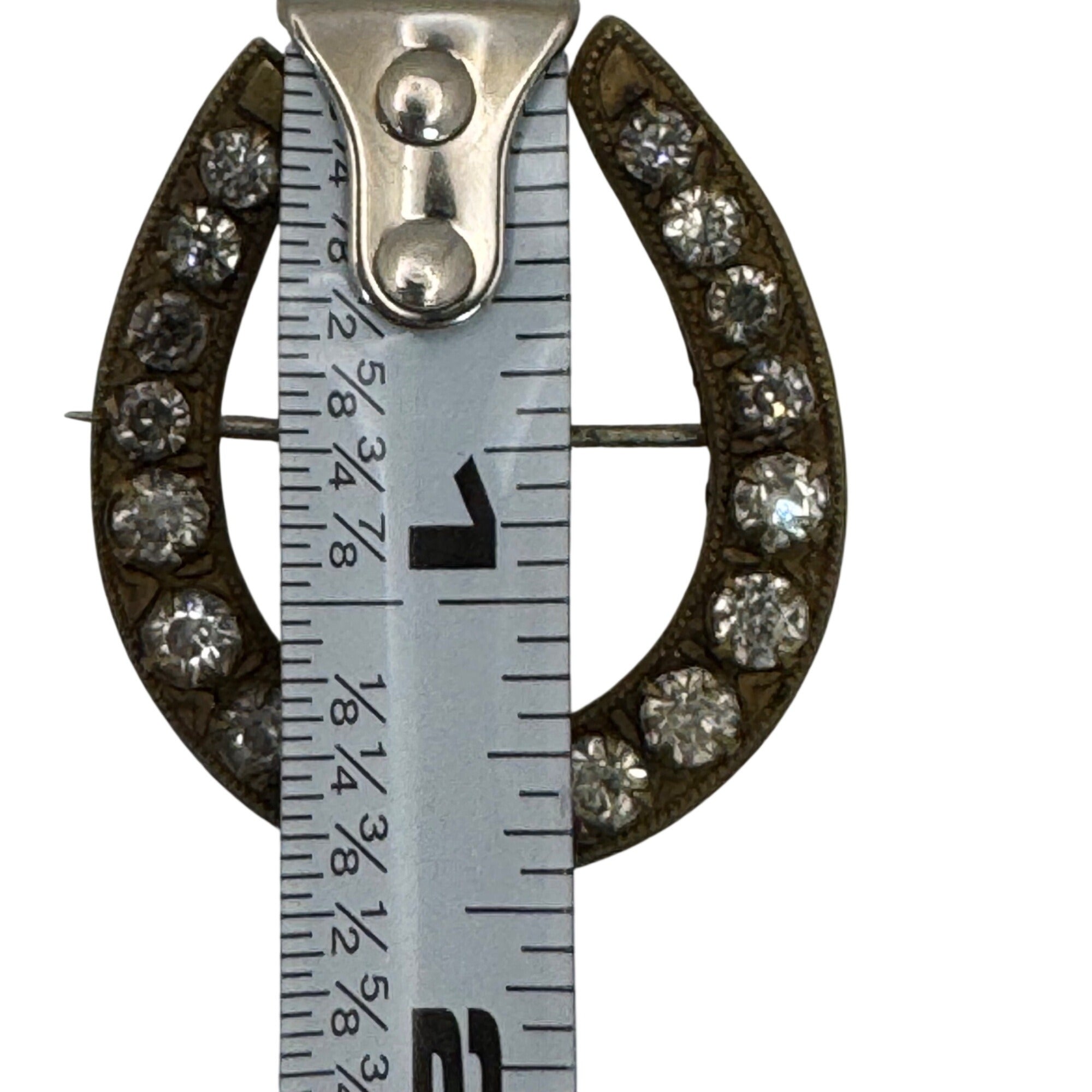 Antique Victorian Horseshoe Rhinestone Brooch Pin Brass Clear Rhinestones 1.5"