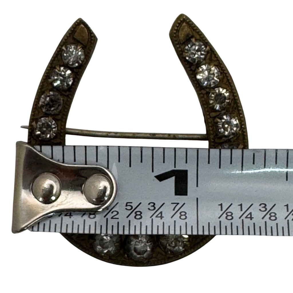 Antique Victorian Horseshoe Rhinestone Brooch Pin Brass Clear Rhinestones 1.5"
