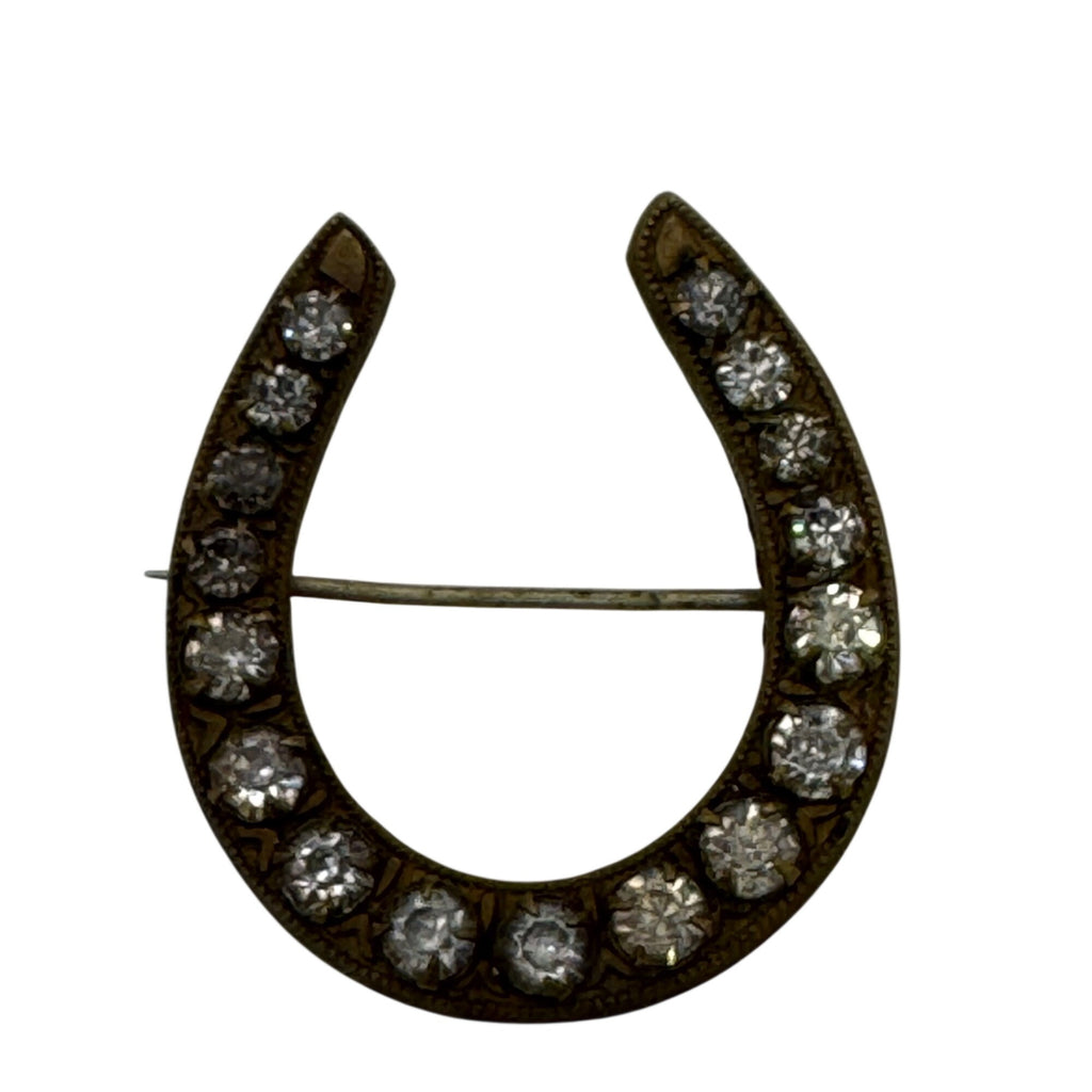 Antique Victorian Horseshoe Rhinestone Brooch Pin Brass Clear Rhinestones 1.5"