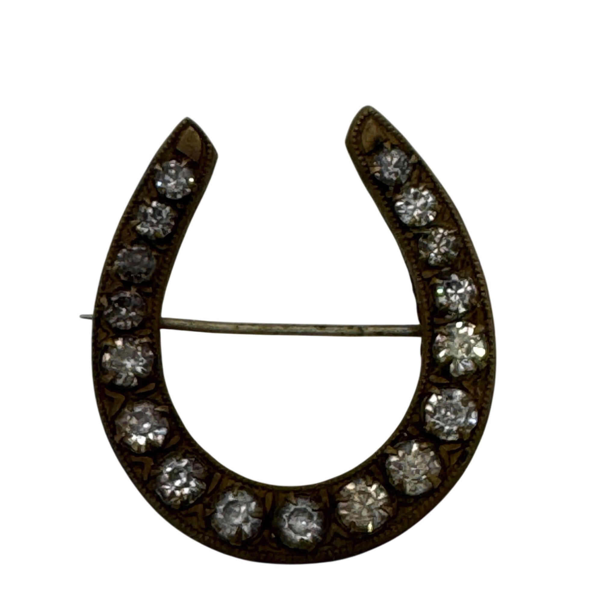 Antique Victorian Horseshoe Rhinestone Brooch Pin Brass Clear Rhinestones 1.5"