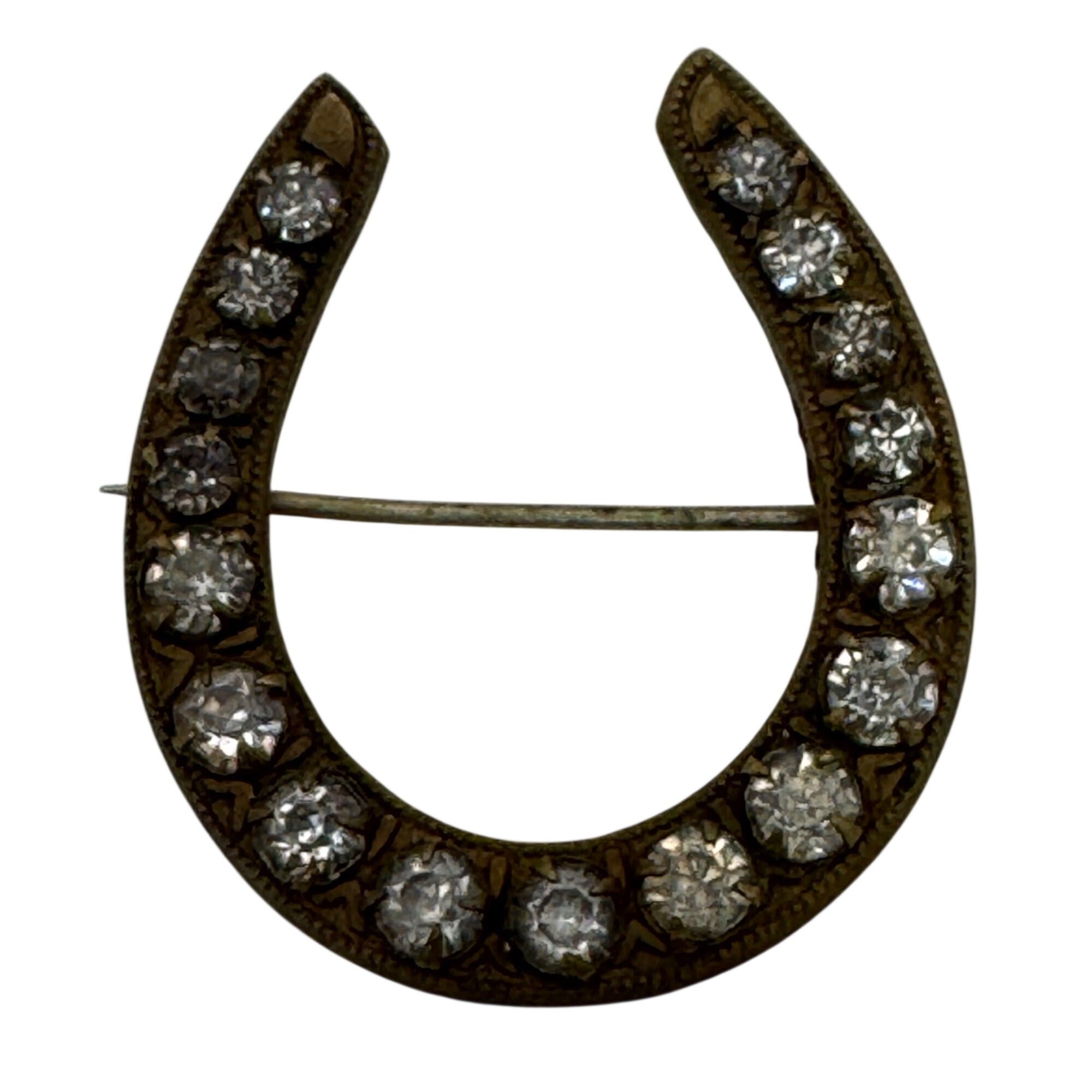 Antique Victorian Horseshoe Rhinestone Brooch Pin Brass Clear Rhinestones 1.5"