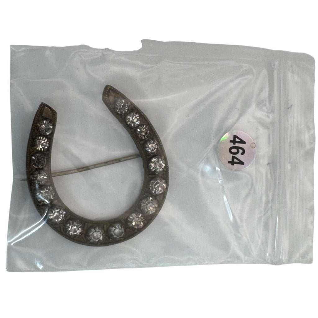 Antique Victorian Horseshoe Rhinestone Brooch Pin Brass Clear Rhinestones 1.5"