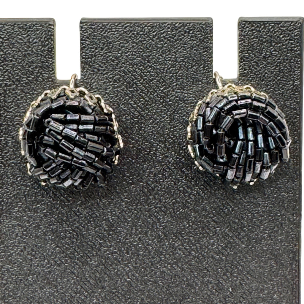 Vintage Miriam Haskell Black Beaded Clip-On Screw Back Earrings Signed Art Deco