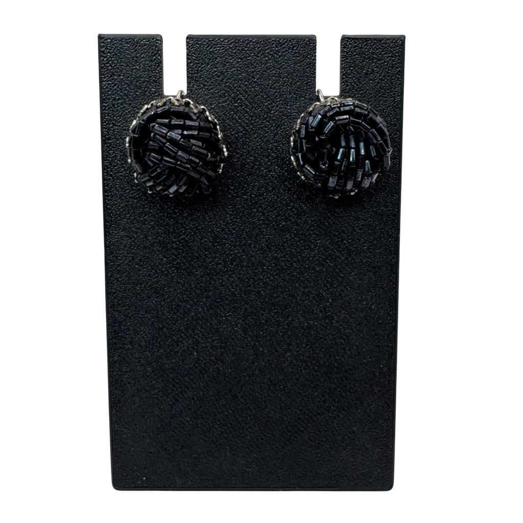 Vintage Miriam Haskell Black Beaded Clip-On Screw Back Earrings Signed Art Deco