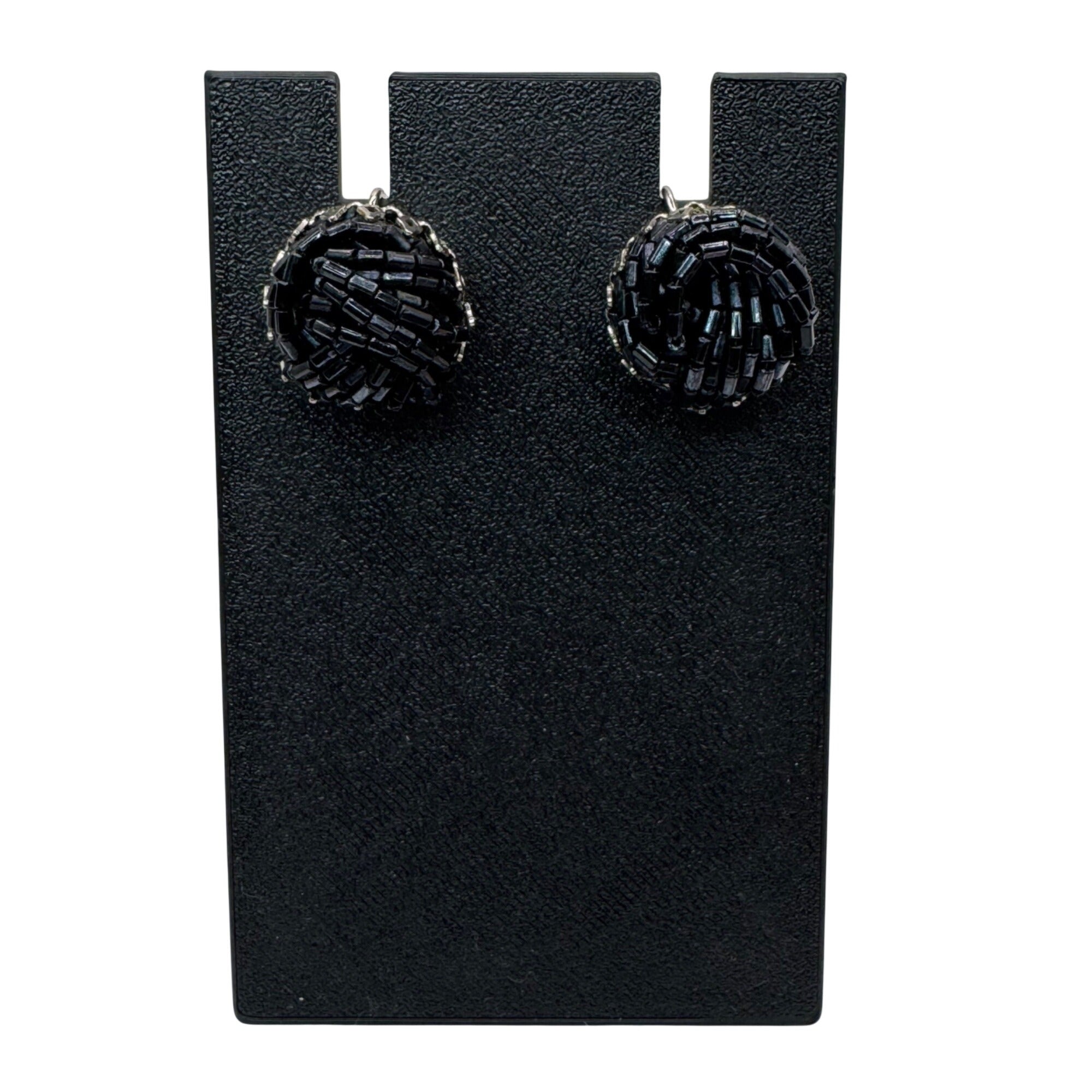 Vintage Miriam Haskell Black Beaded Clip-On Screw Back Earrings Signed Art Deco