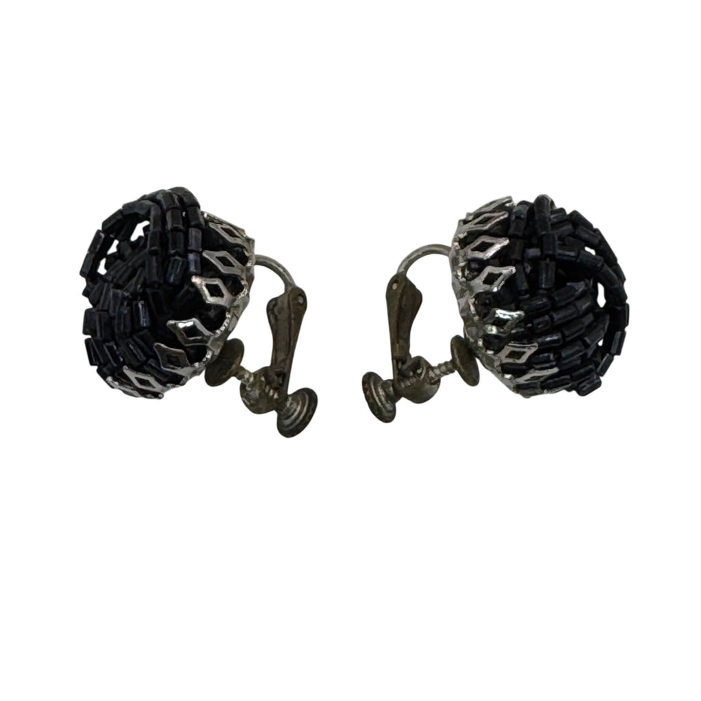 Vintage Miriam Haskell Black Beaded Clip-On Screw Back Earrings Signed Art Deco
