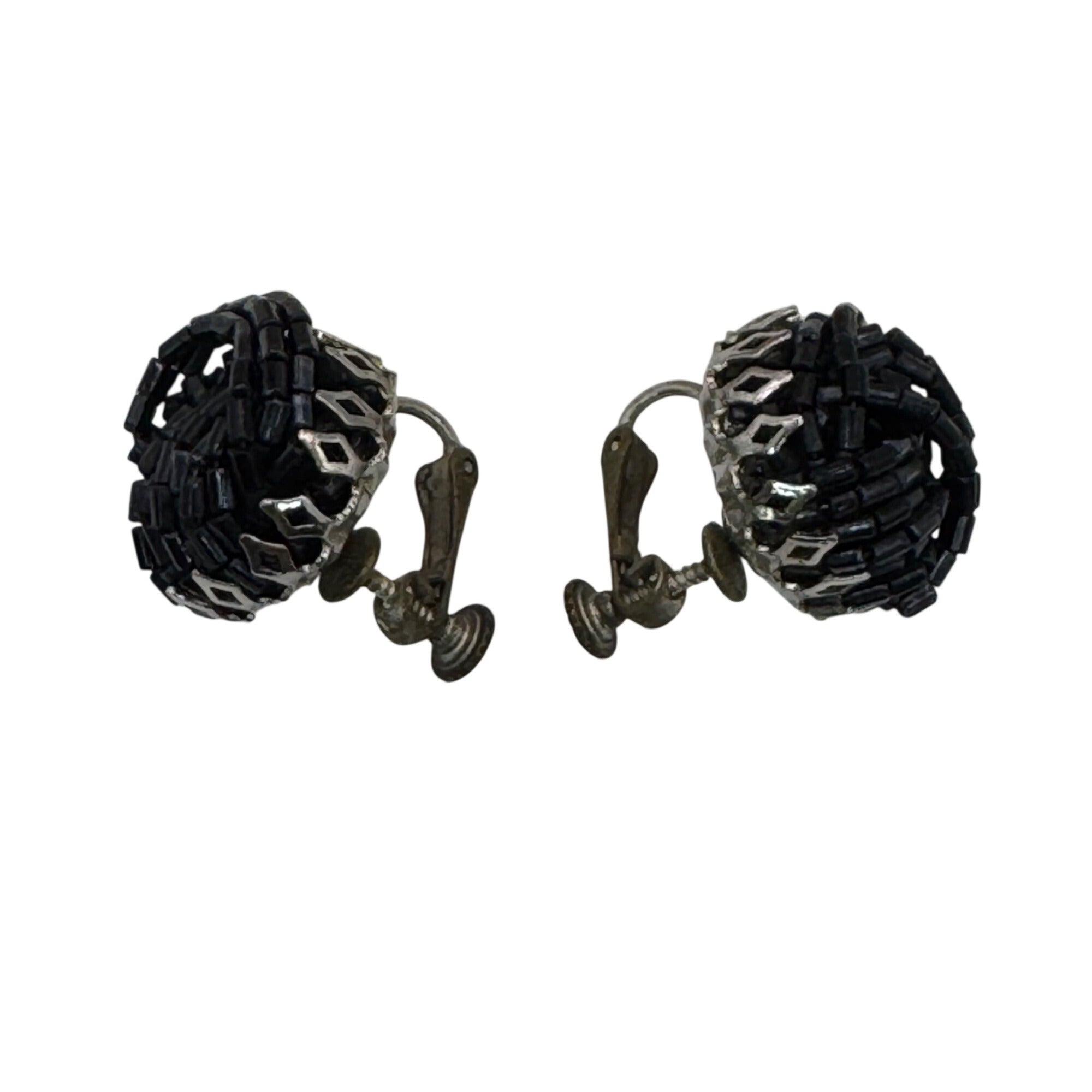 Vintage Miriam Haskell Black Beaded Clip-On Screw Back Earrings Signed Art Deco