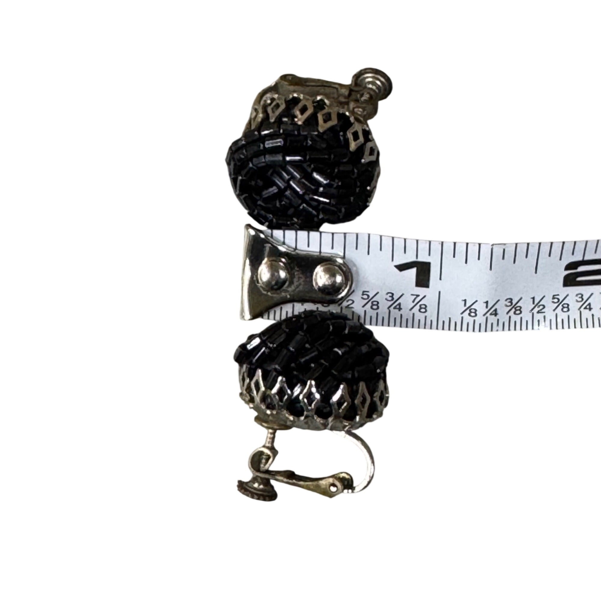 Vintage Miriam Haskell Black Beaded Clip-On Screw Back Earrings Signed Art Deco