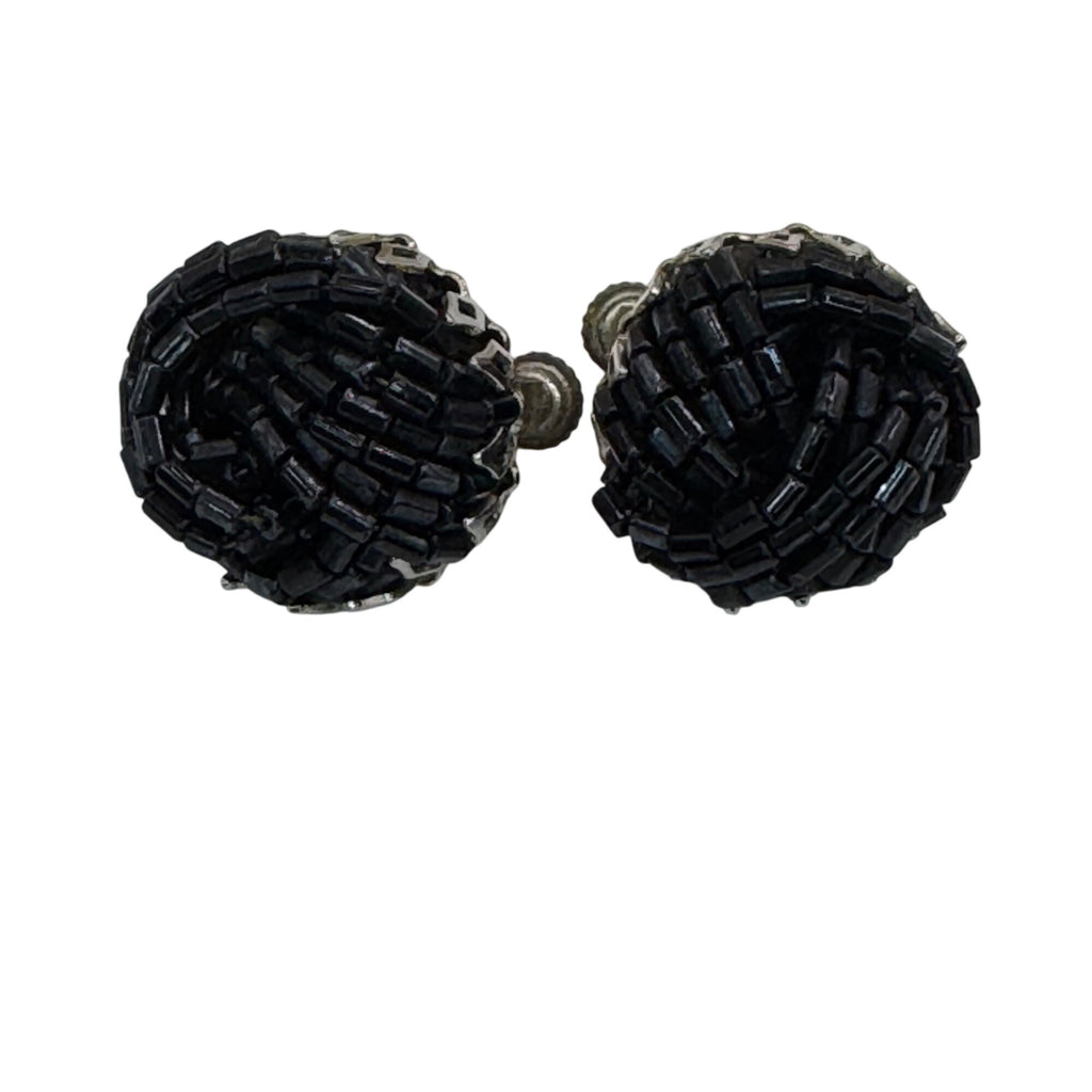 Vintage Miriam Haskell Black Beaded Clip-On Screw Back Earrings Signed Art Deco