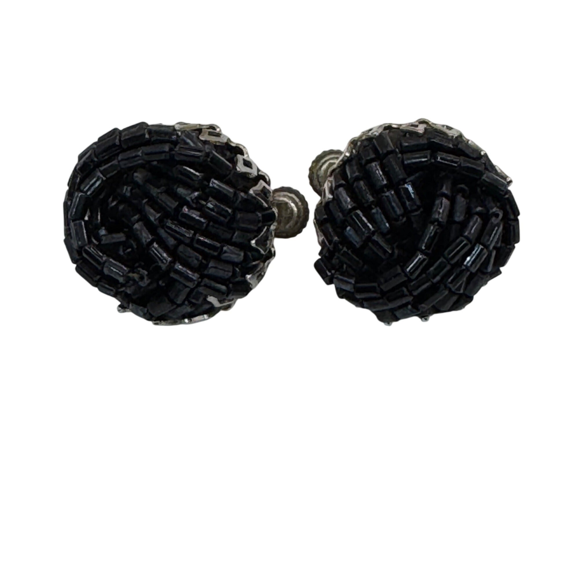 Vintage Miriam Haskell Black Beaded Clip-On Screw Back Earrings Signed Art Deco