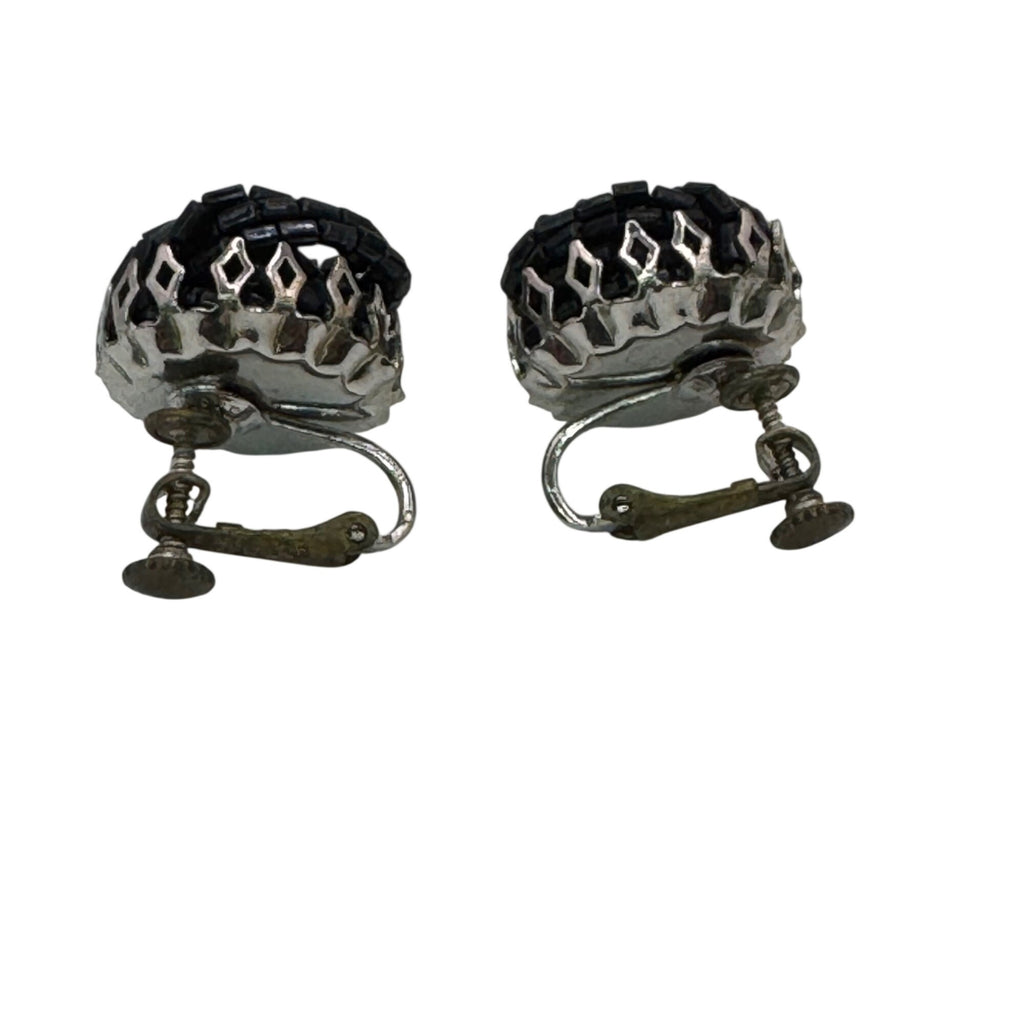 Vintage Miriam Haskell Black Beaded Clip-On Screw Back Earrings Signed Art Deco