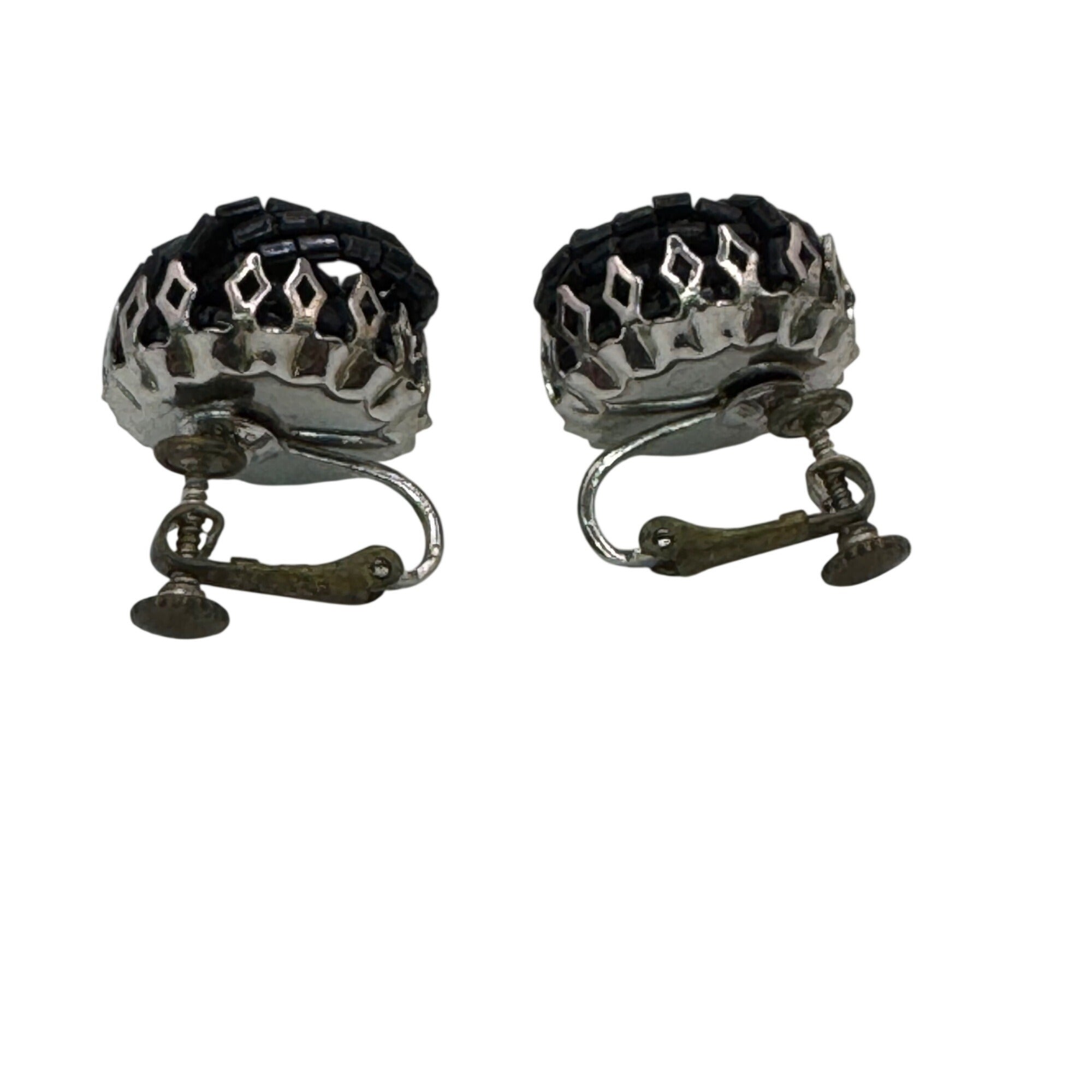 Vintage Miriam Haskell Black Beaded Clip-On Screw Back Earrings Signed Art Deco