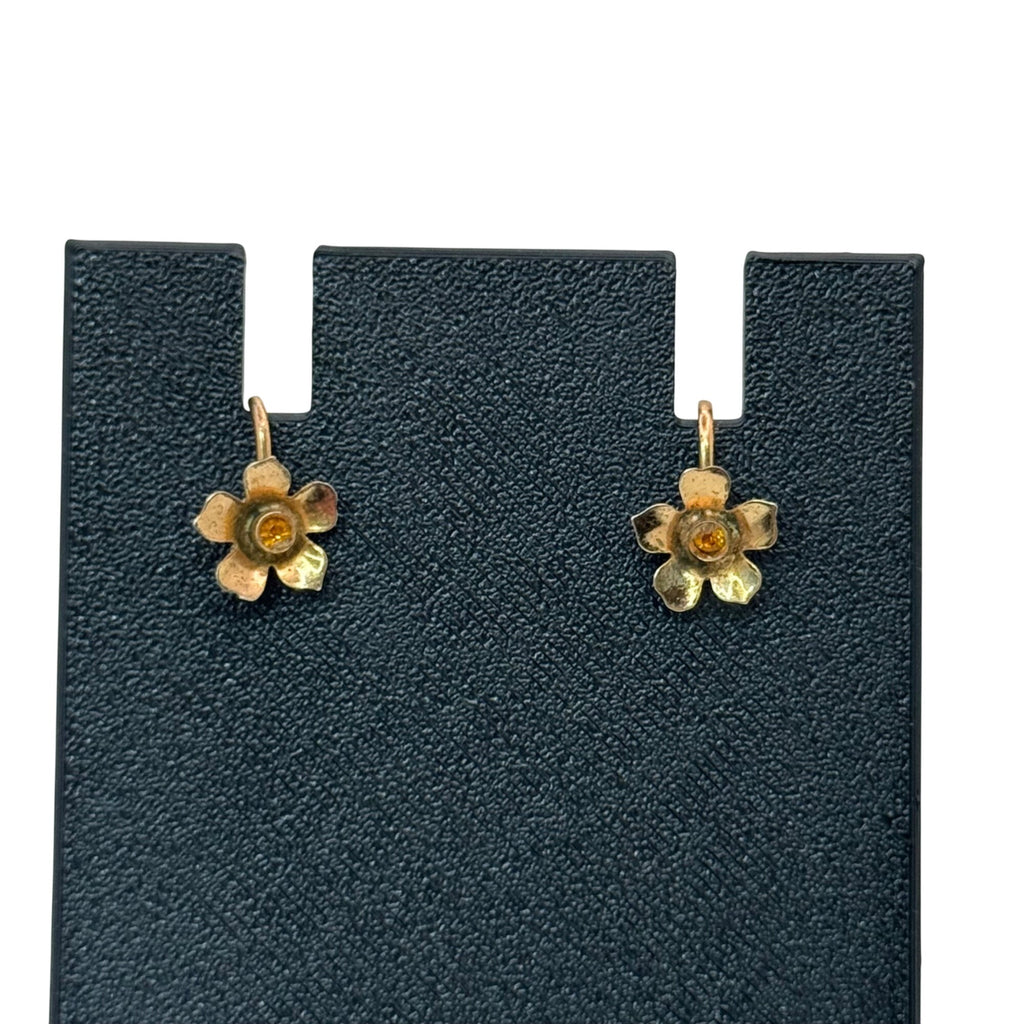 Antique Flower Screw Back Earrings Amber Glass Center Vintage Sterling Silver