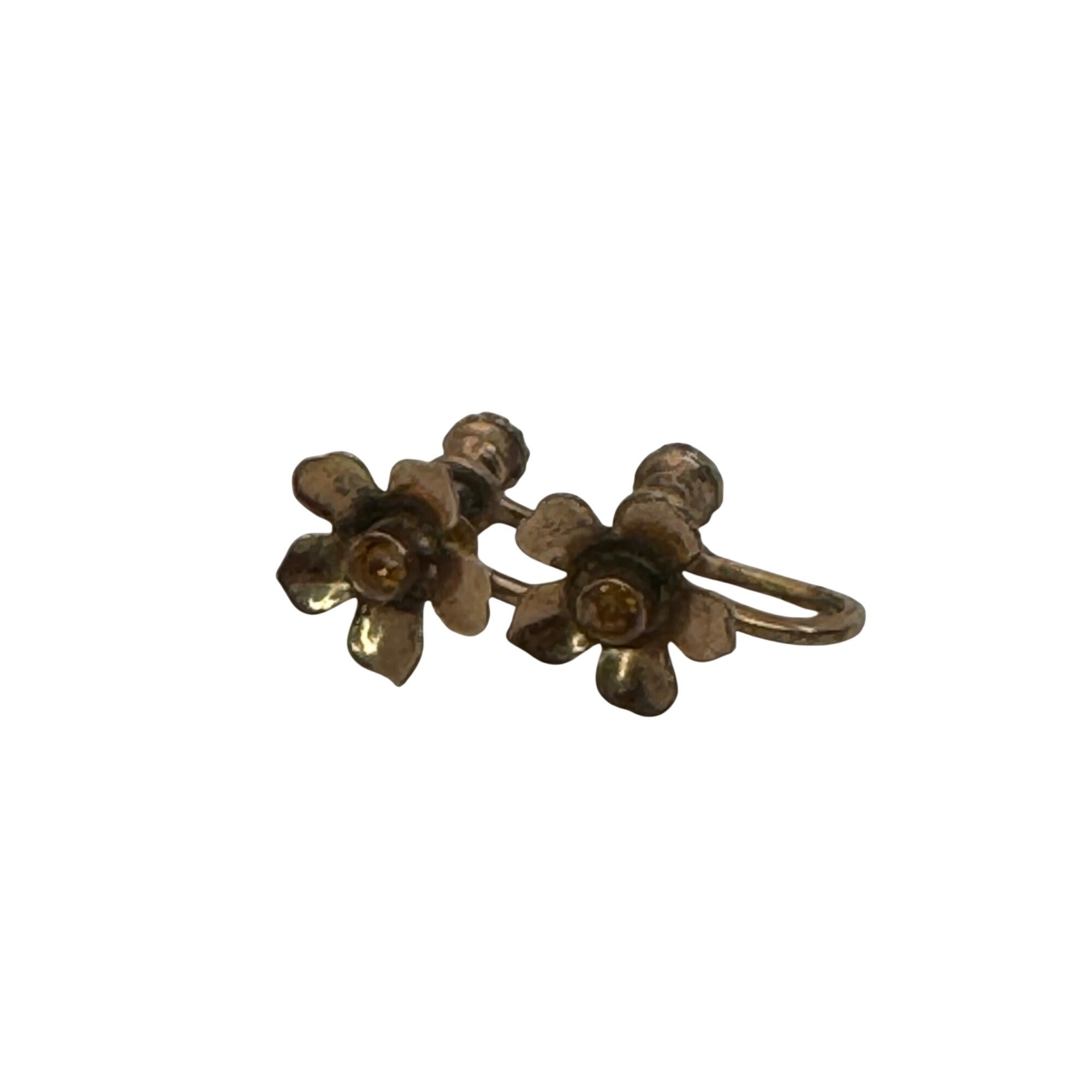 Antique Flower Screw Back Earrings Amber Glass Center Vintage Sterling Silver