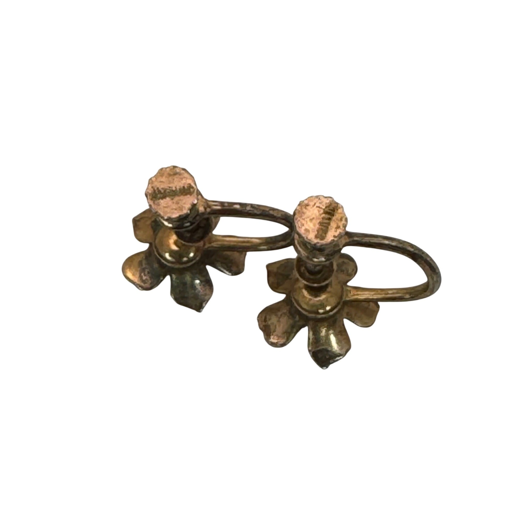 Antique Flower Screw Back Earrings Amber Glass Center Vintage Sterling Silver