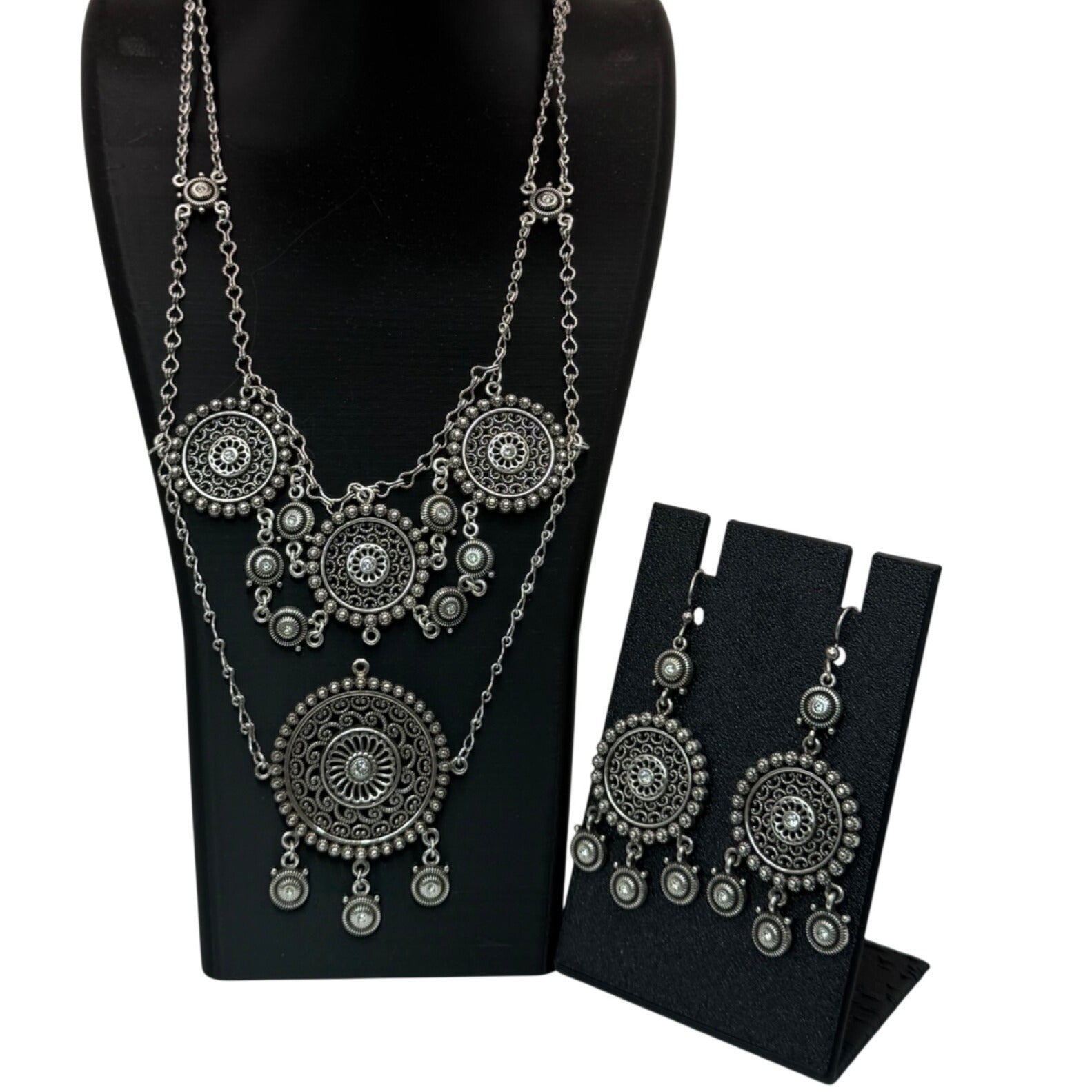 Brighton Medallion Statement Set SilverTone Mandala Necklace Drop Earrings Pouch