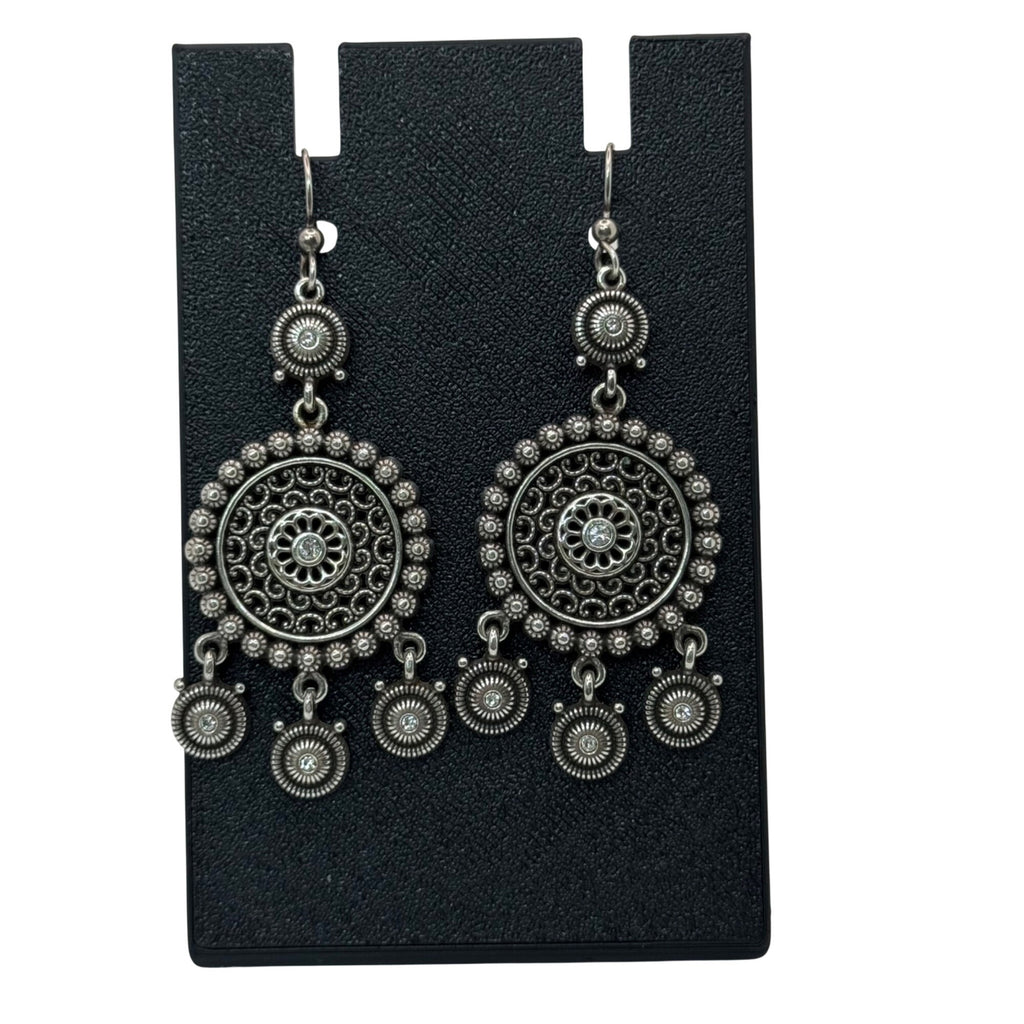 Brighton Medallion Statement Set SilverTone Mandala Necklace Drop Earrings Pouch